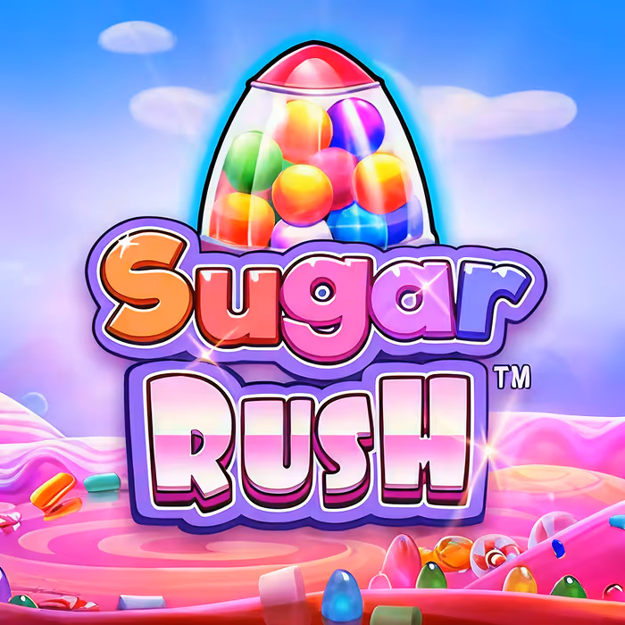 Sugar Rush slot game with sweet treats, cluster pays mechanics, and vibrant candy-themed graphics